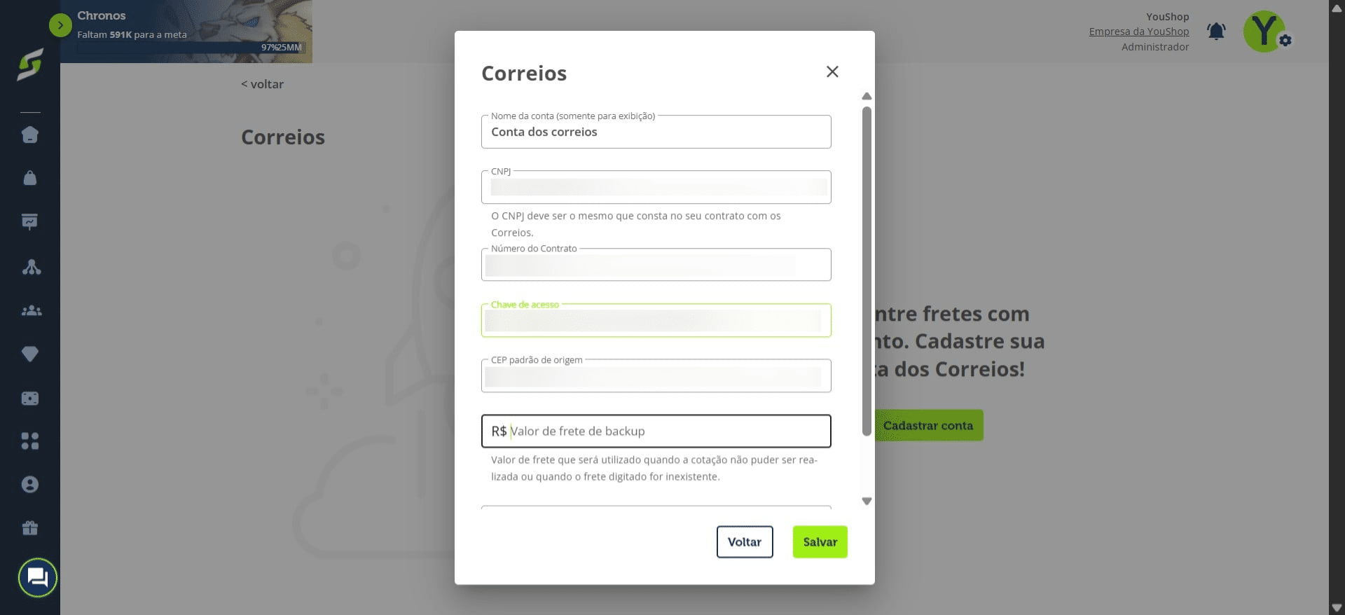 Se desejar, adicione um valor de frete backup, que será utilizado caso não seja possível calcular o frete automaticamente.