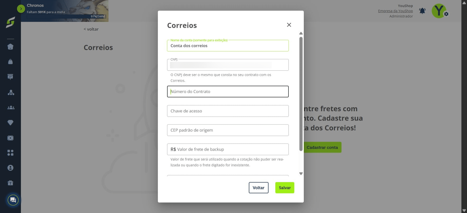 Insira o número do seu contrato com os Correios.
