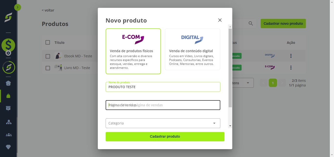Em Página de Vendas, adicione o link da sua página web.