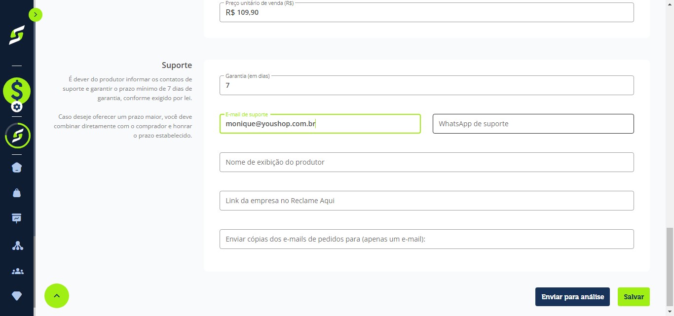 No campo WhatsApp de suporte, adicione o número de suporte geral ao comprador.