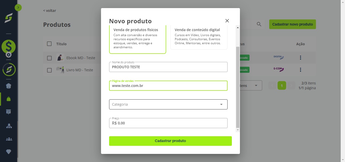 Clique em Categoria e escolha a que melhor representa seu produto.
