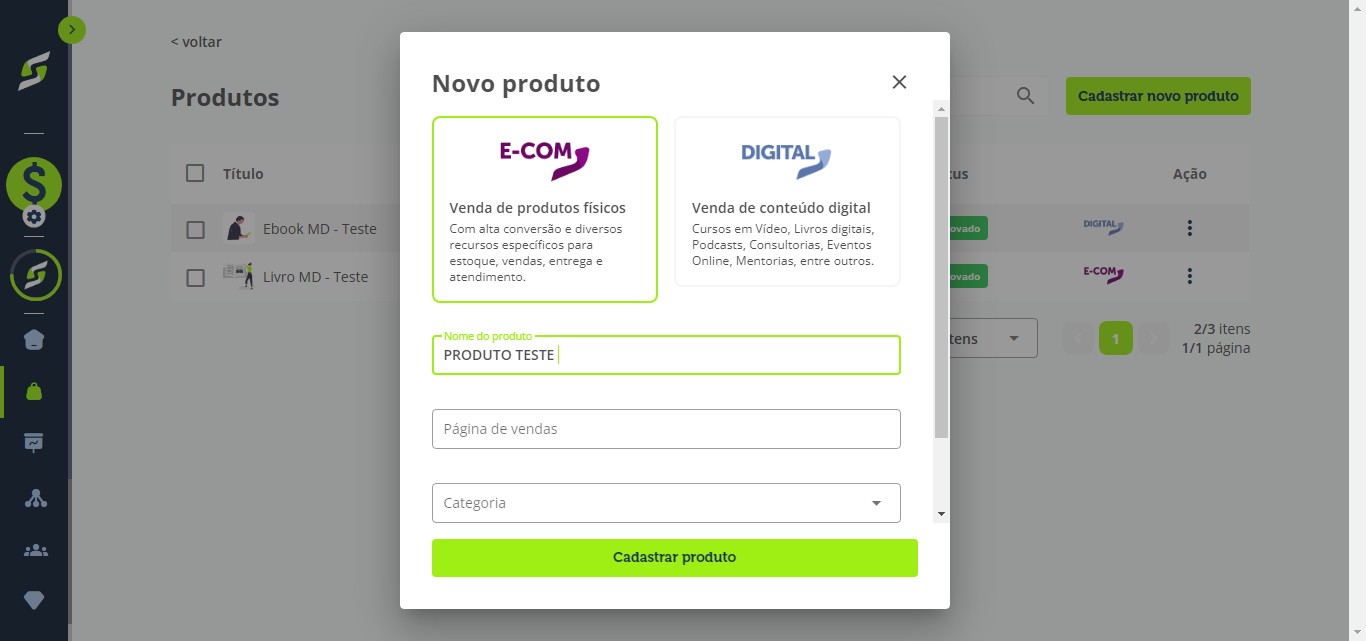 No campo Nome do produto, informe o nome do seu produto.

