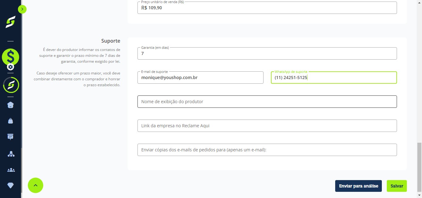 Em Nome de exibição do produtor, informe o nome que será exibido para os clientes.