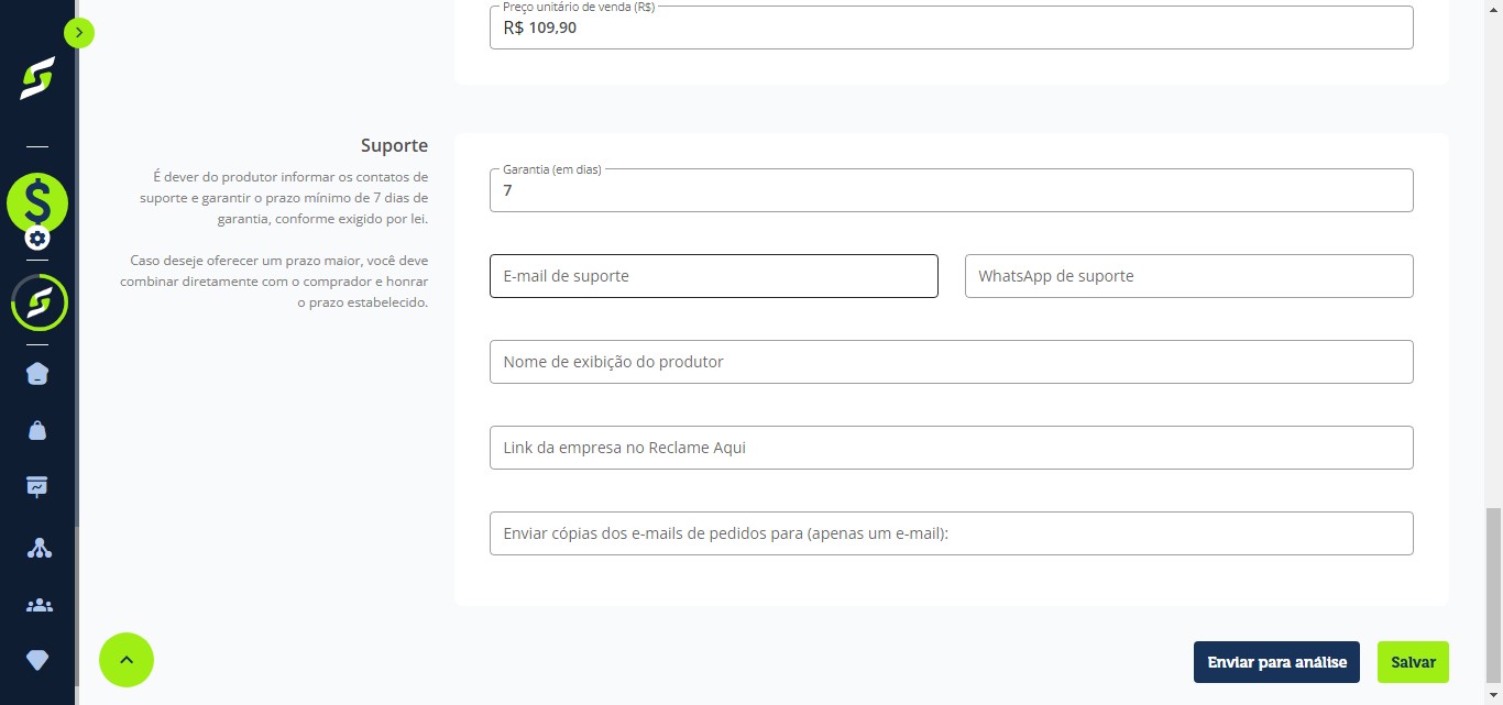 No campo E-mail de suporte, informe o e-mail de atendimento ao comprador.