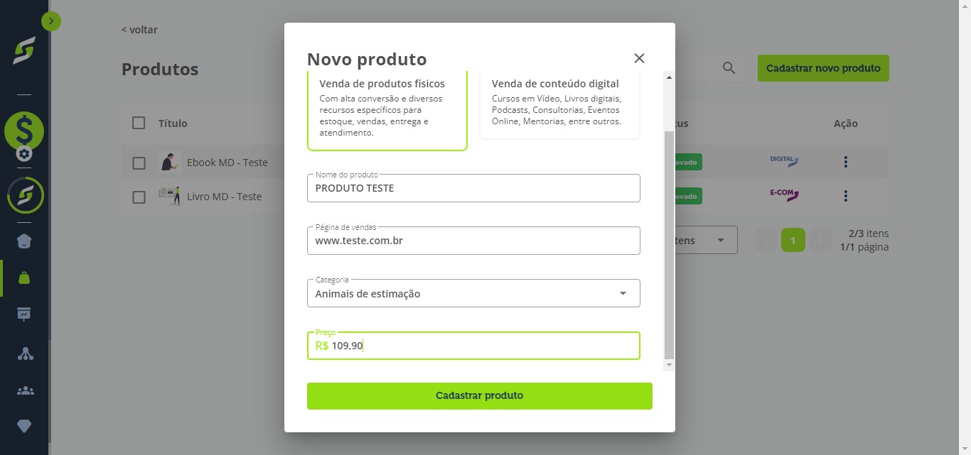 Clique em Cadastrar produto.