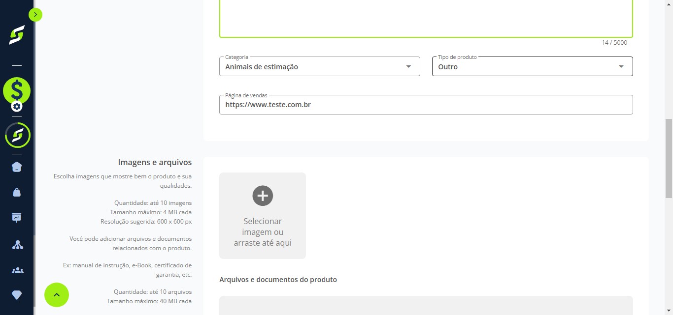 Em Tipo de produto, selecione a opção que mais se adequa ao seu nicho.
