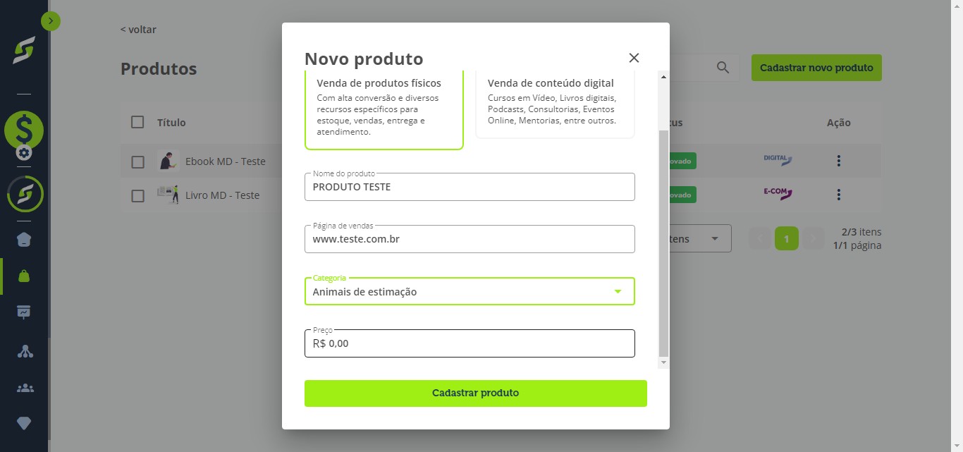 Em Preço, informe o valor do seu produto.