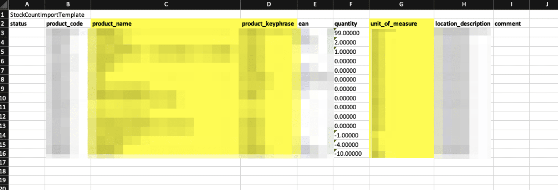 In de Excel staan er verschillende kolommen. De Gele kolommen dienen als hulpmiddel voor het correct tellen van de voorraad.