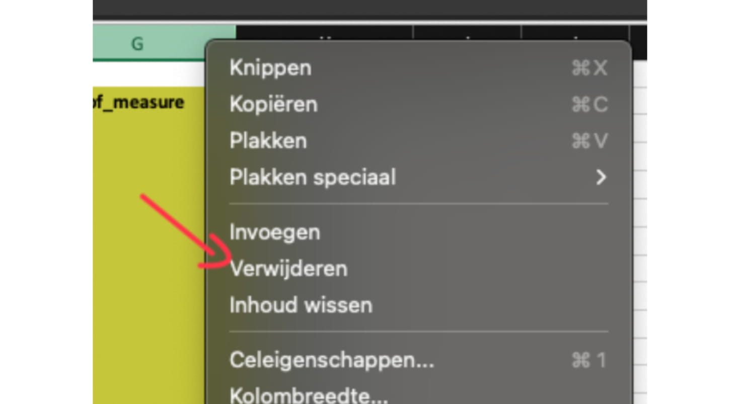 In de kolom quantity dient u de nieuwe voorraad in te vullen naar wat u wilt tellen.
Eens u alle voorraad juist hebt opgegeven in het Excel bestand dient u de gele kolommen te verwijderen. Dit doet u in Excel via de rechtermuisknop op de Kolom letter en dan verwijderen te kiezen