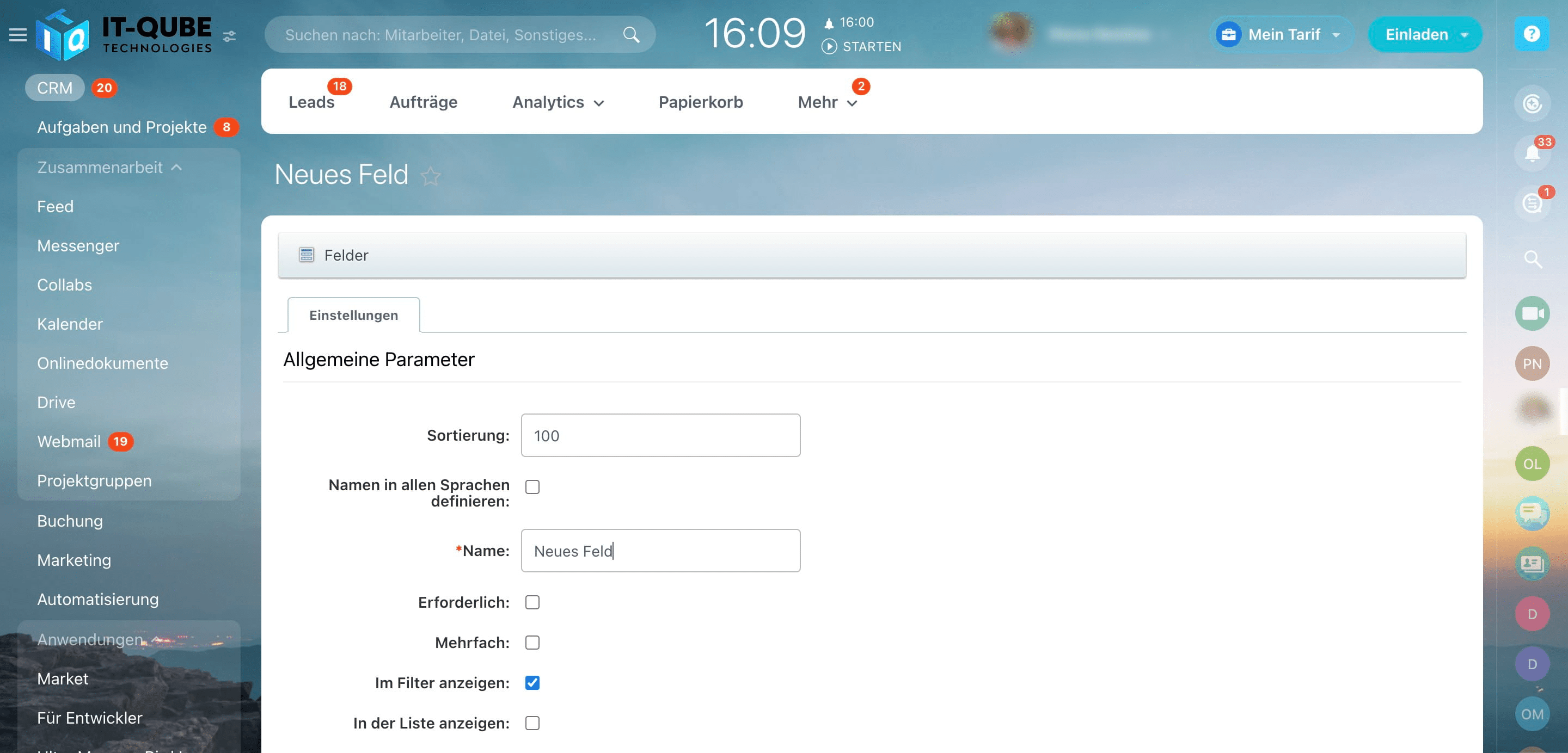 Click Sie auf „Name“ und geben Sie einen Namen für das neue Feld ein, zum Beispiel „Anmerkung“