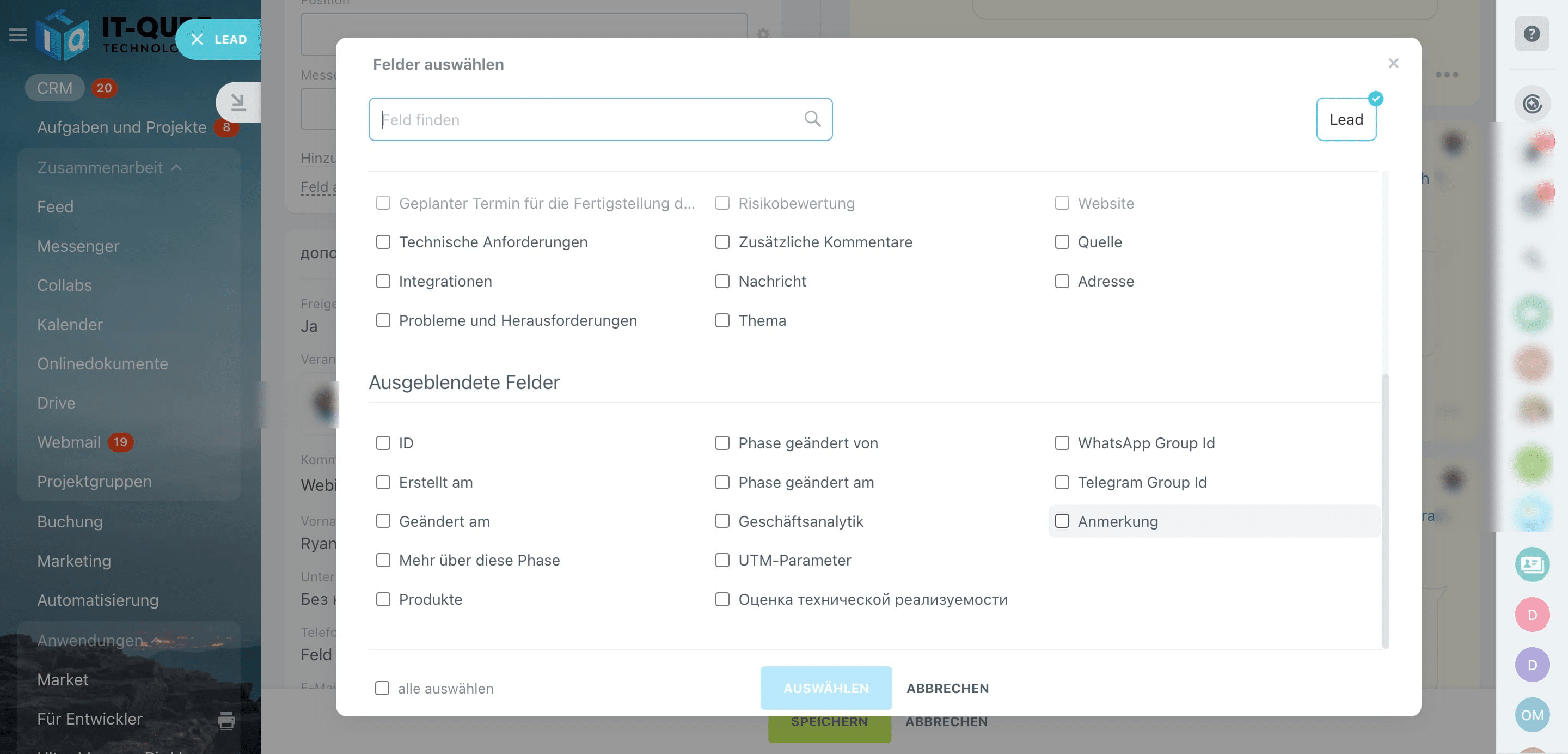 Wählen Sie ein neues Feld aus