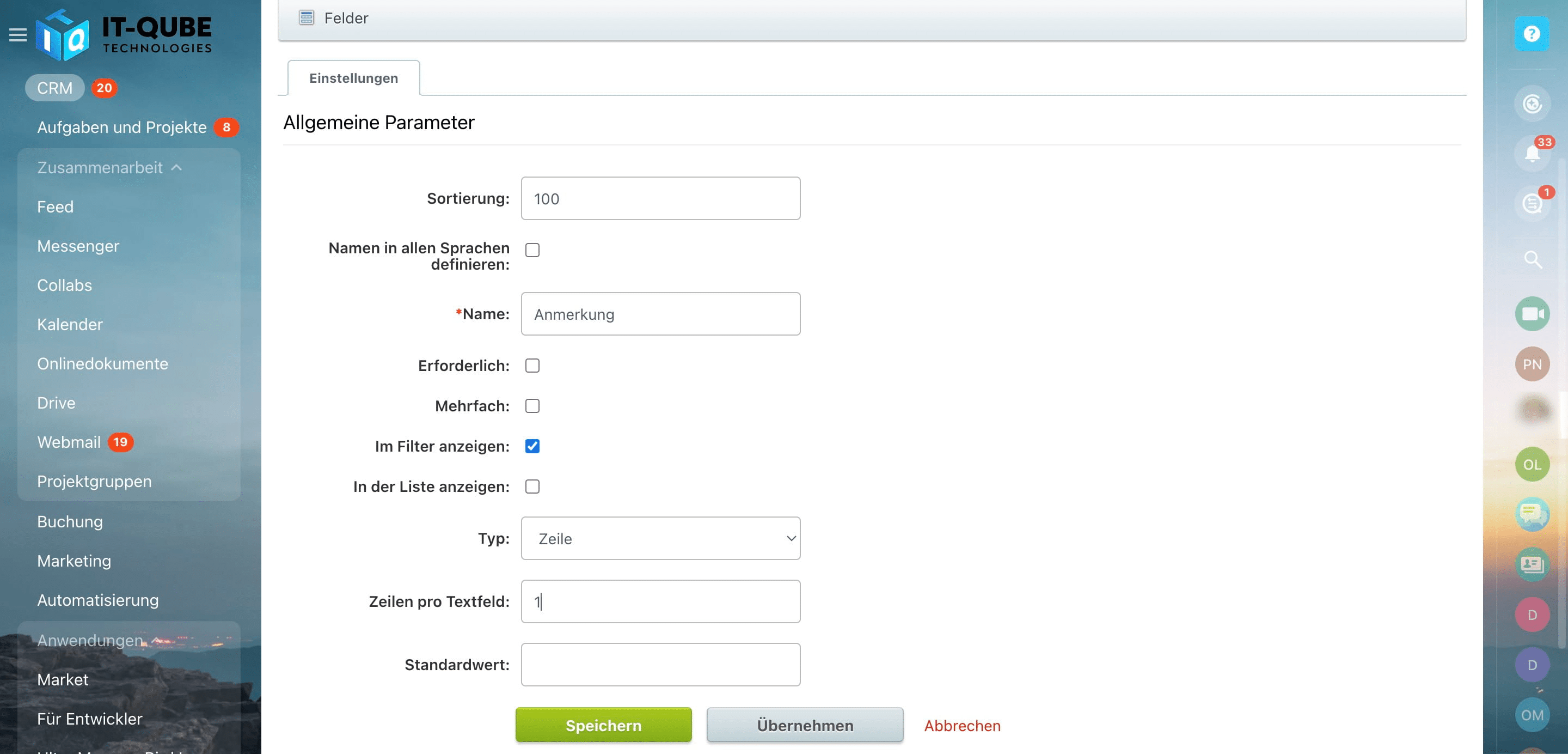 Geben Sie hier unter „Zeilen pro Textfeld“ an, wie viele Textzeilen Sie in diesem Feld sehen möchten.