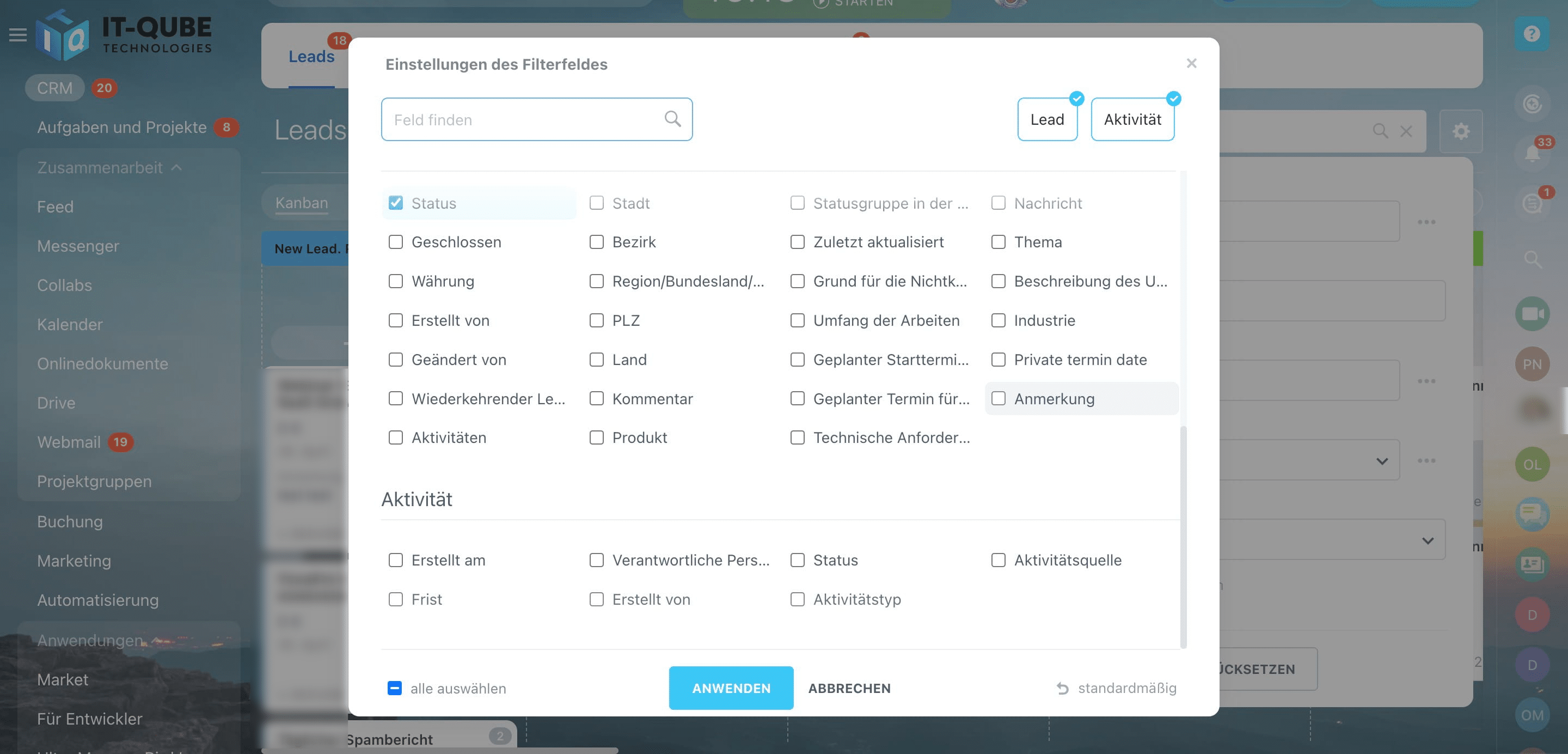 Wählen Sie ein neues Feld aus.
