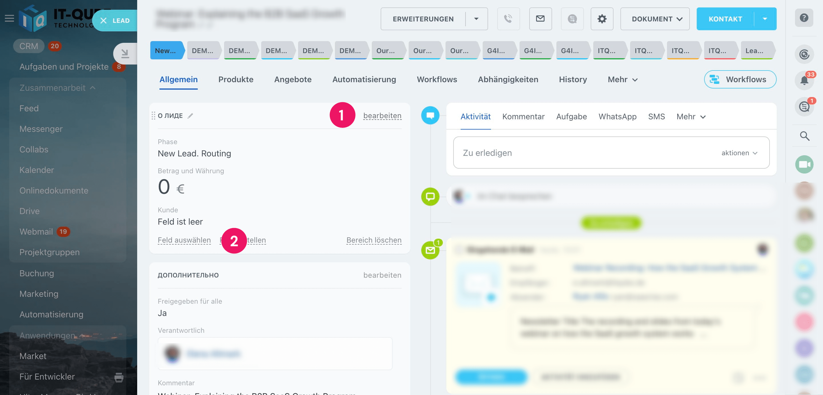 Click on "Bearbeiten" und "Feld auswählen"
