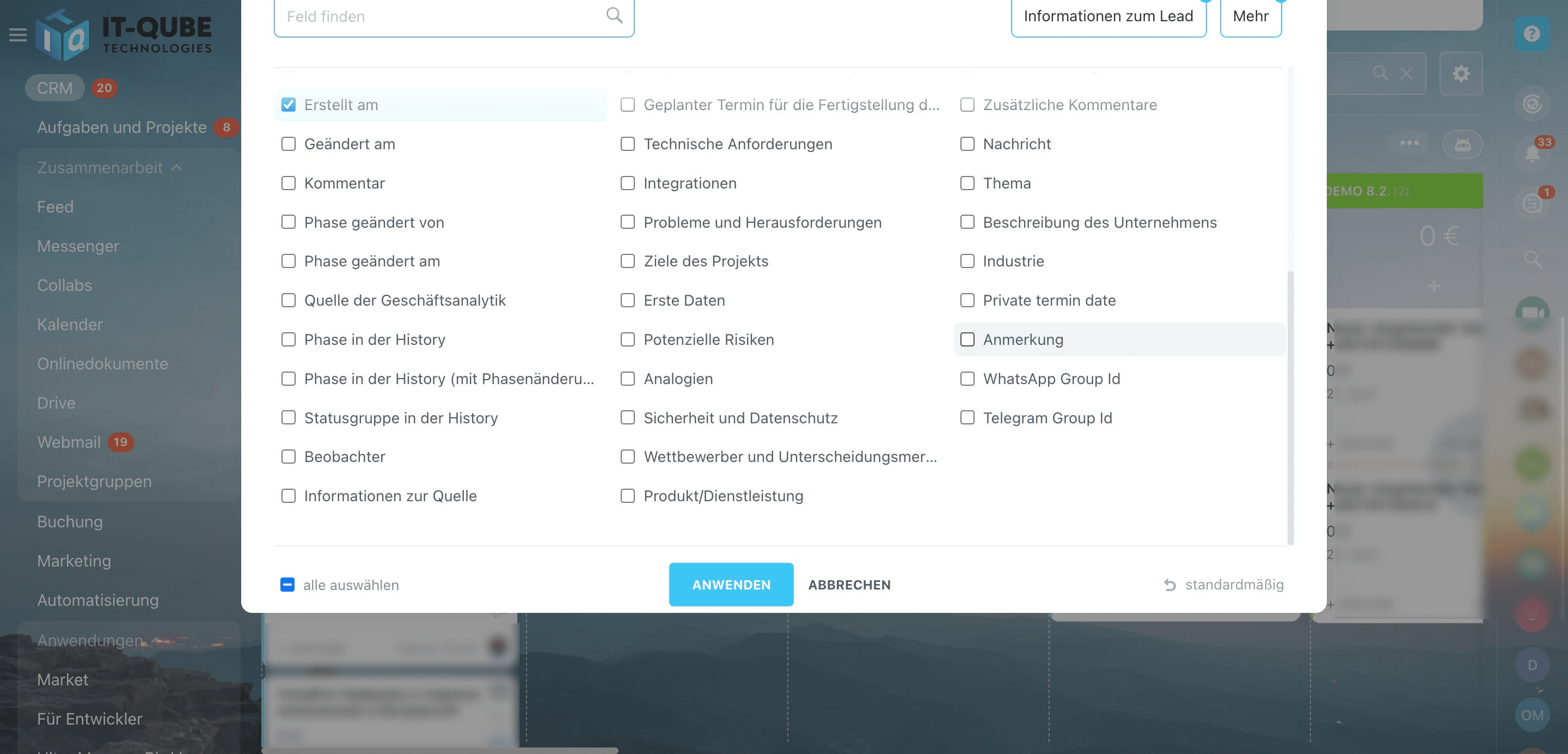 Wählen Sie ein neues Feld aus