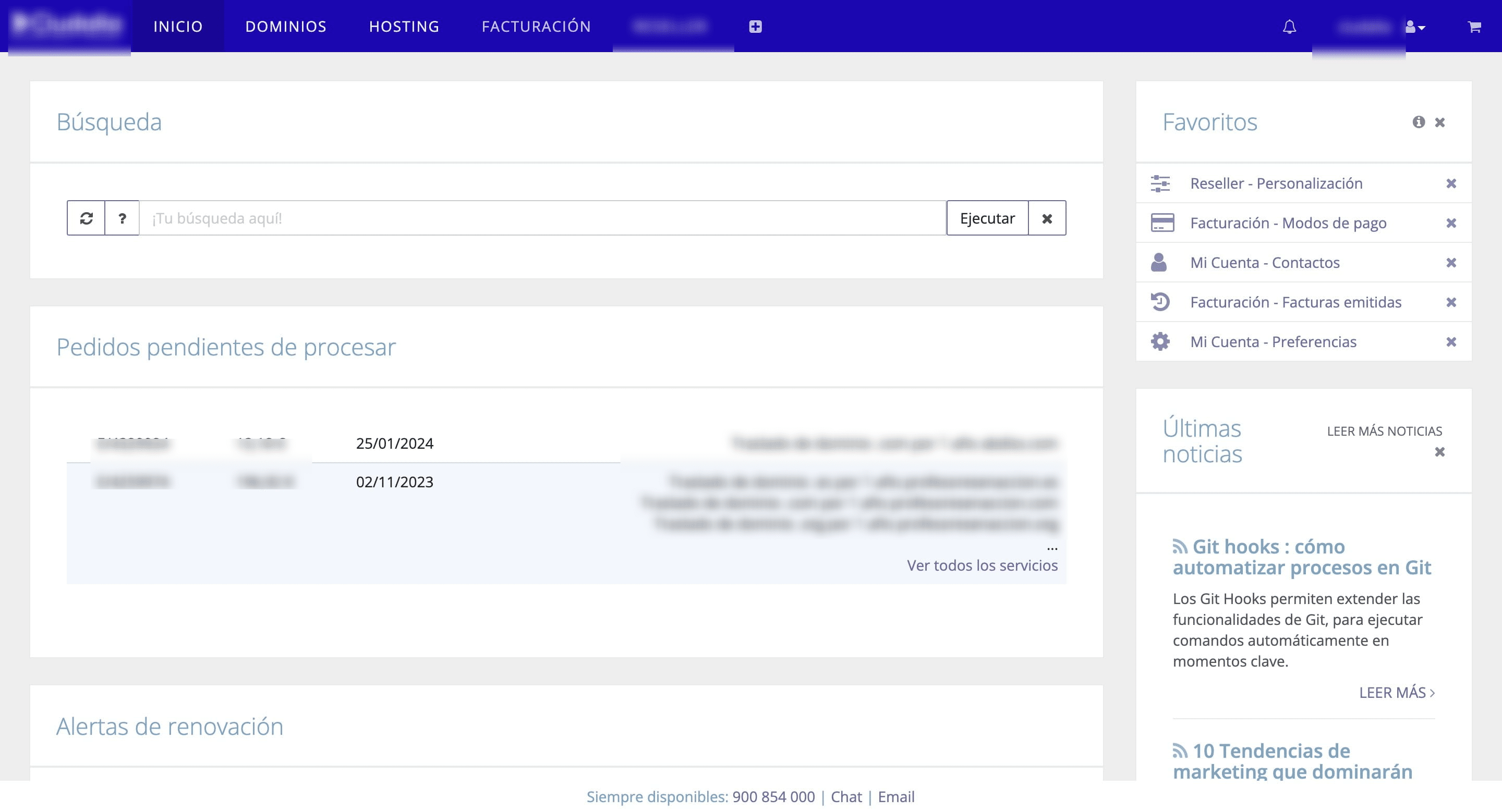 Accede a tu panel de cliente DinaHosting en https://panel.dinahosting.com/ y Haz Click en "Facturación"