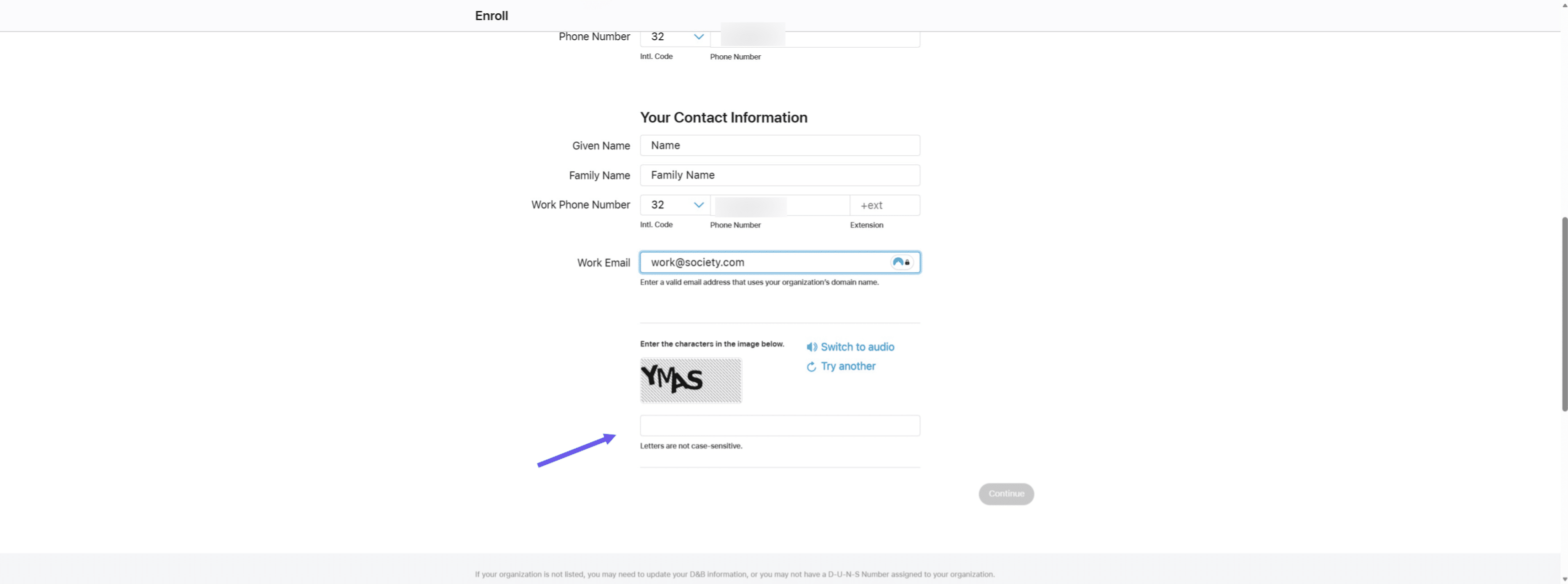 Complétez le code de vérification affiché à l’écran (captcha), puis cliquez sur “Continue”.
