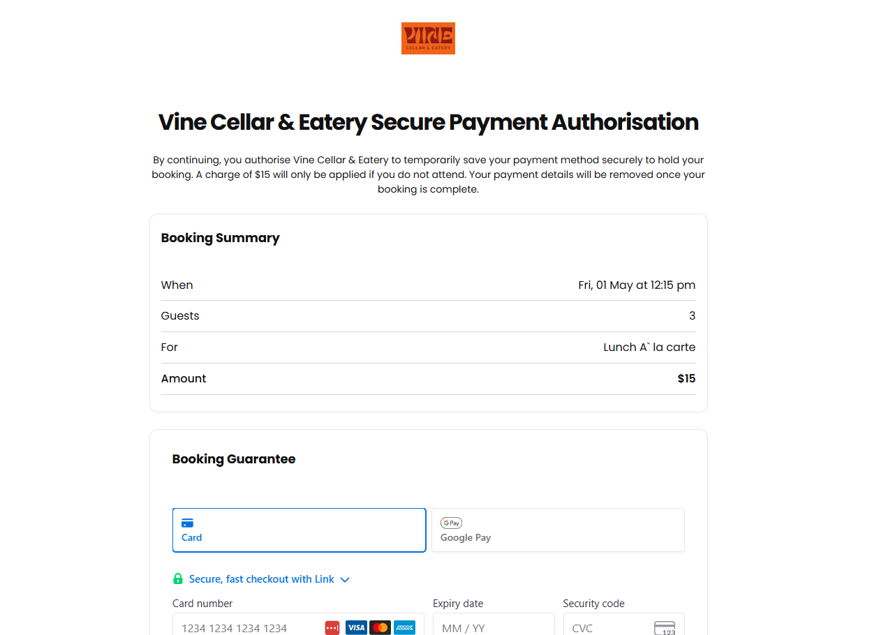 When they click the Secure My Booking link they'll be taken to a browser window with a secure payment capture form. This will not take payment, just capture their payment method to secure their booking.s