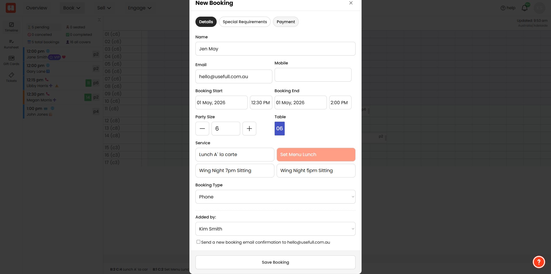 Once details are added for the booking click the '**Payment**' tab.