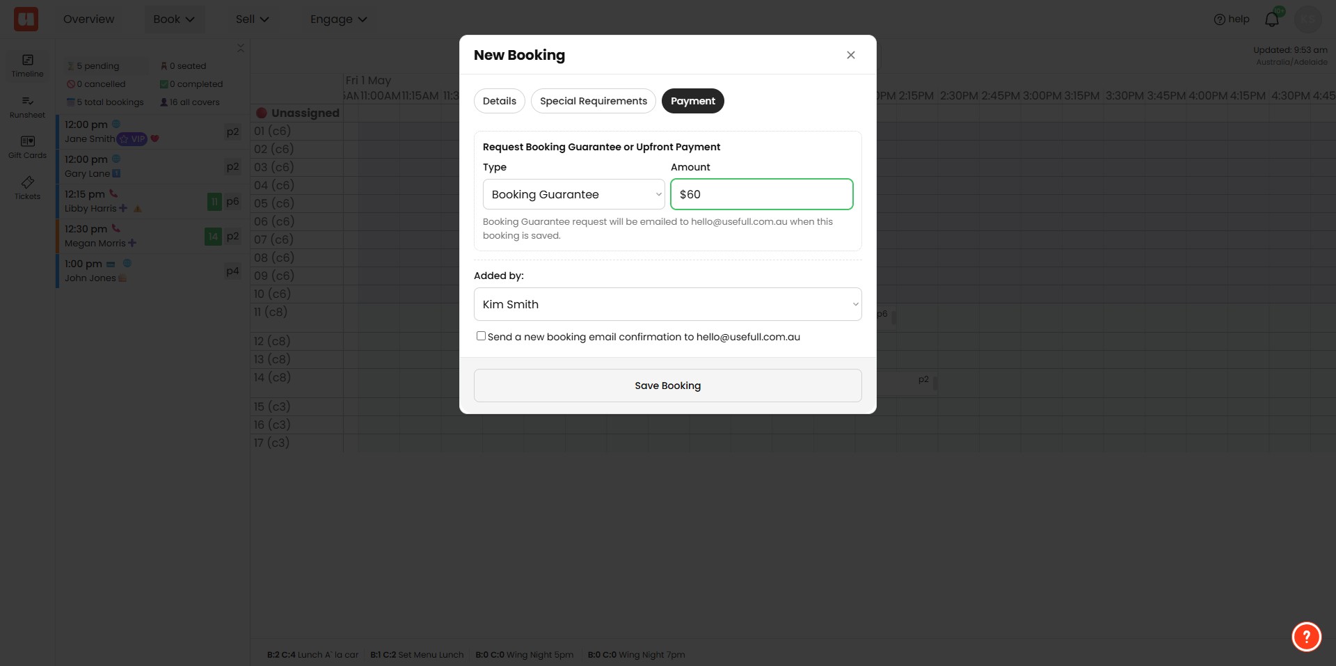 Select 'Booking Guarantee' from the dropdown menu and enter an amount. Then click 'Save' this will automatically send the booking guarantee request to your customer. If you are editing an existing booking a send button will be visible next to the amount input.