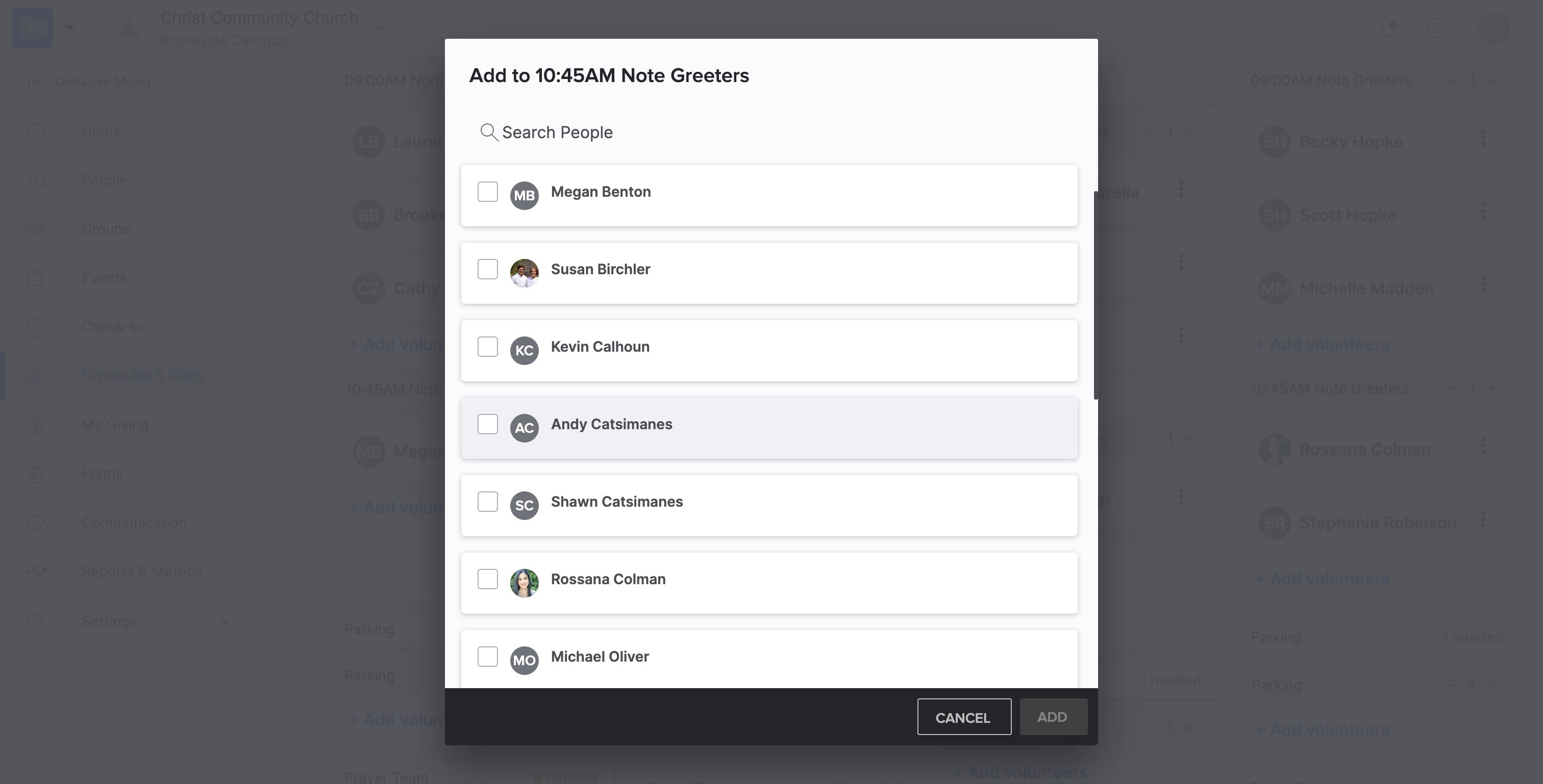 SELECT volunteer names to add them to the serve rotation