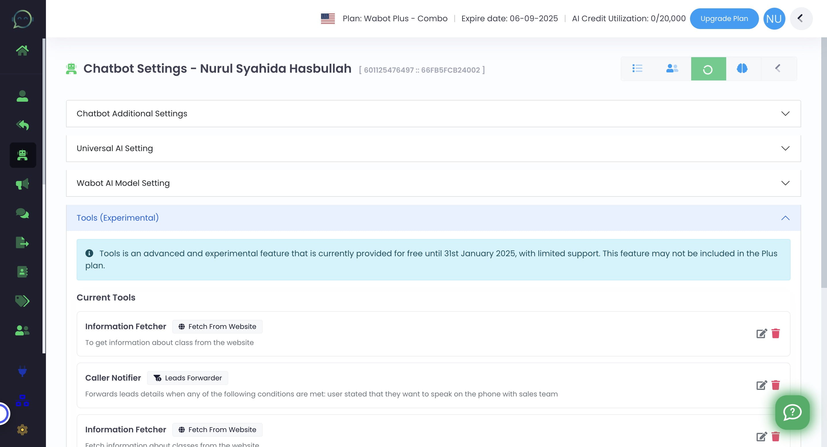 Don't forget to update prompt to give new instruction on using the tools. Click on "Wabot AI Model Setting"