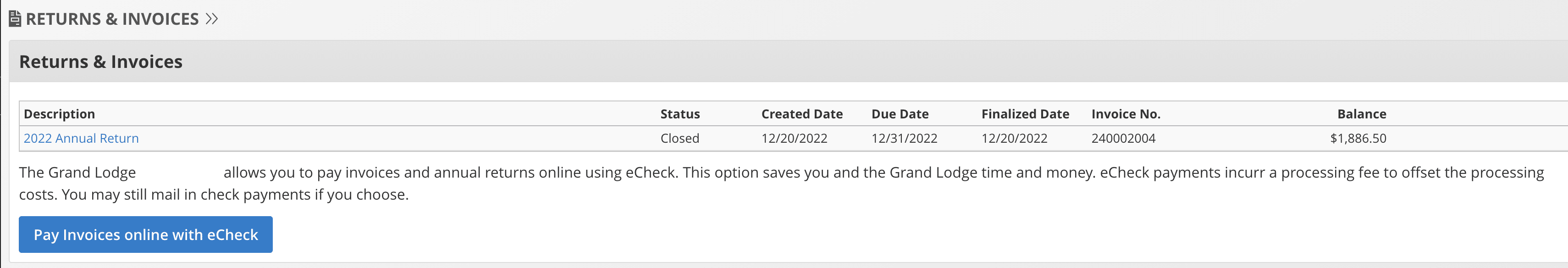Click "Pay Invoices online with eCheck" button