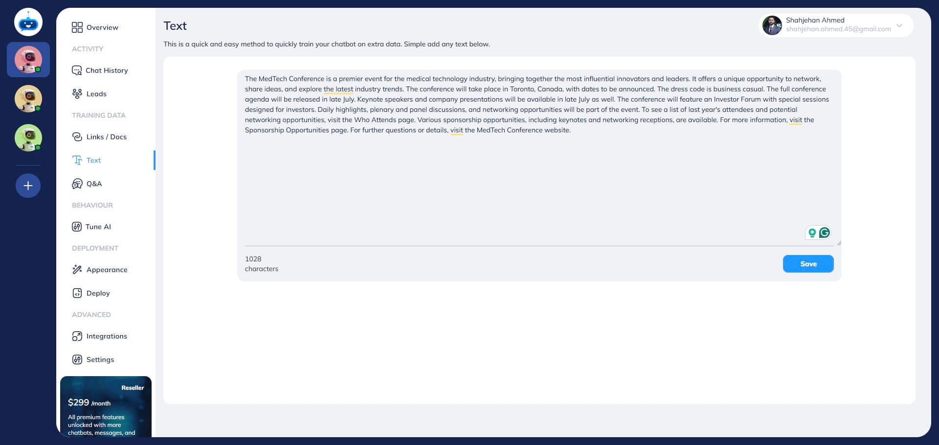 Done 🚀. You have successfully trained your chatbot using the Text page. 