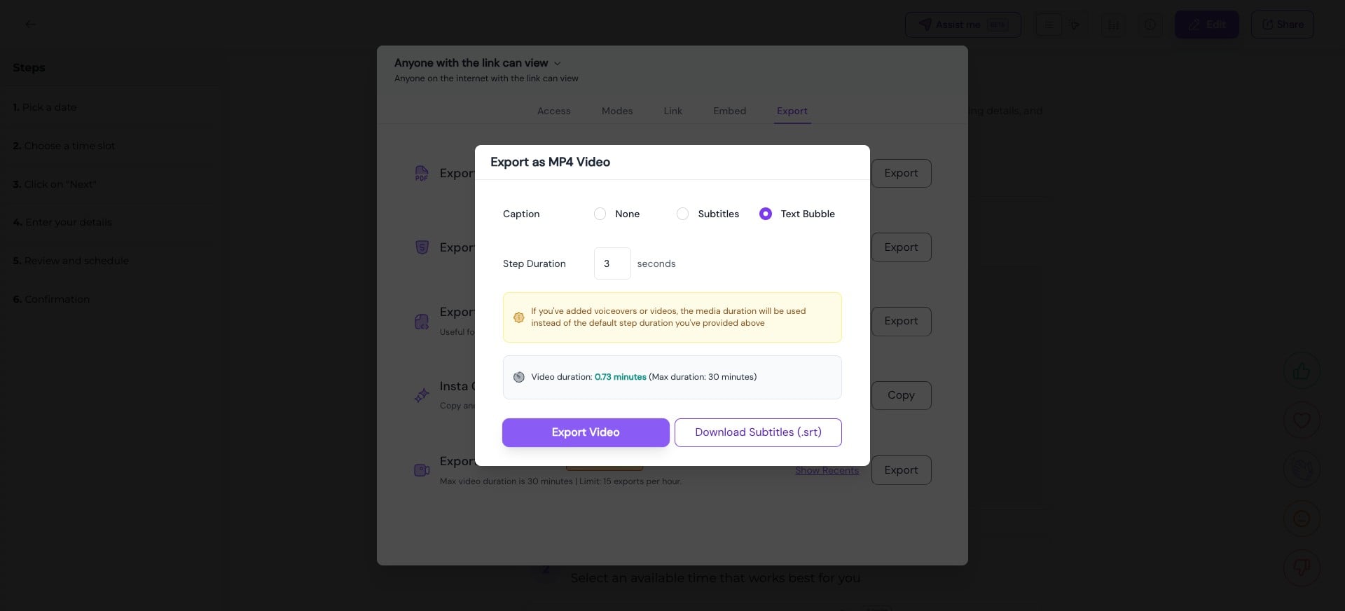 Choose your preferences and click on "**Export Video"** to generate the MP4 file