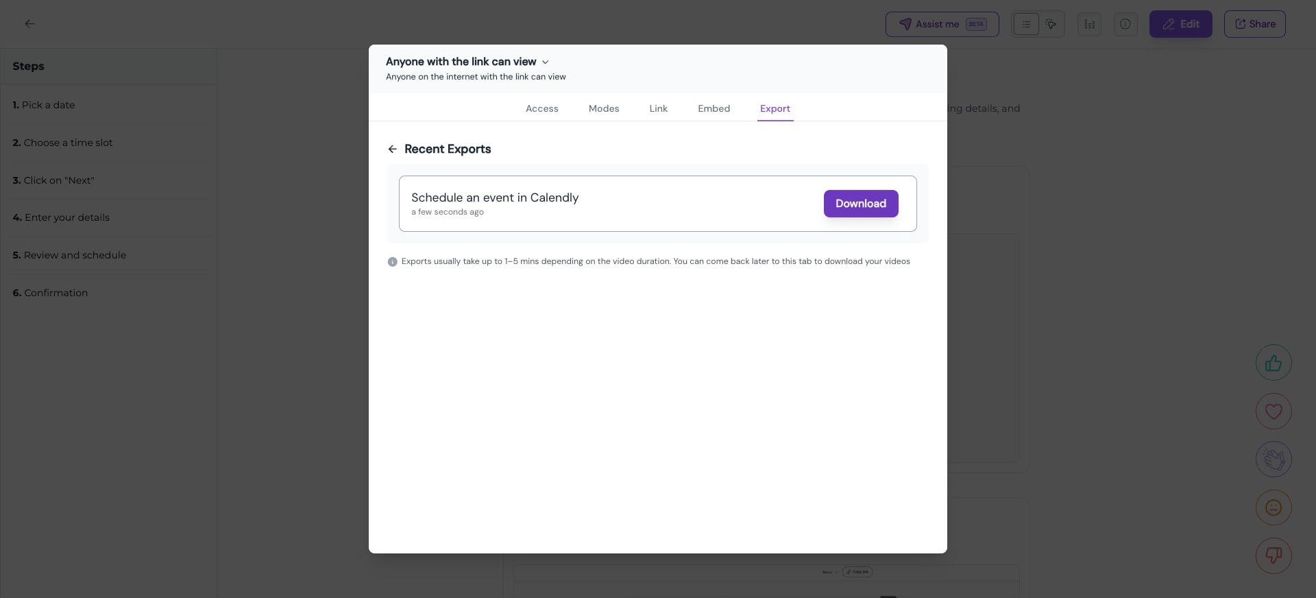 Video exports may take some time to process, depending on the length of the video. You can return to the **Recent Exports** tab at any time to download your exported videos.
### 