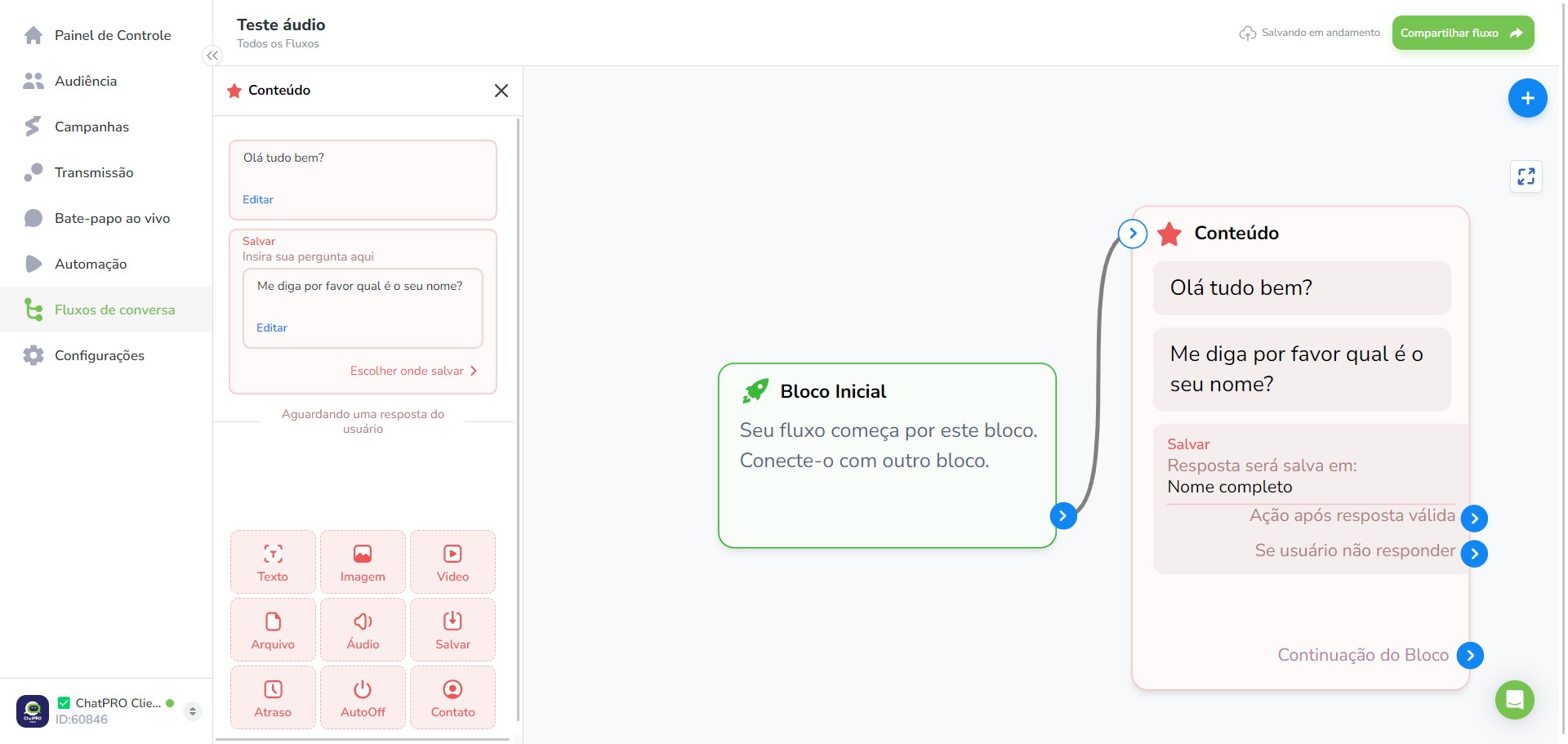Click on "Seu fluxo começa por este bloco."