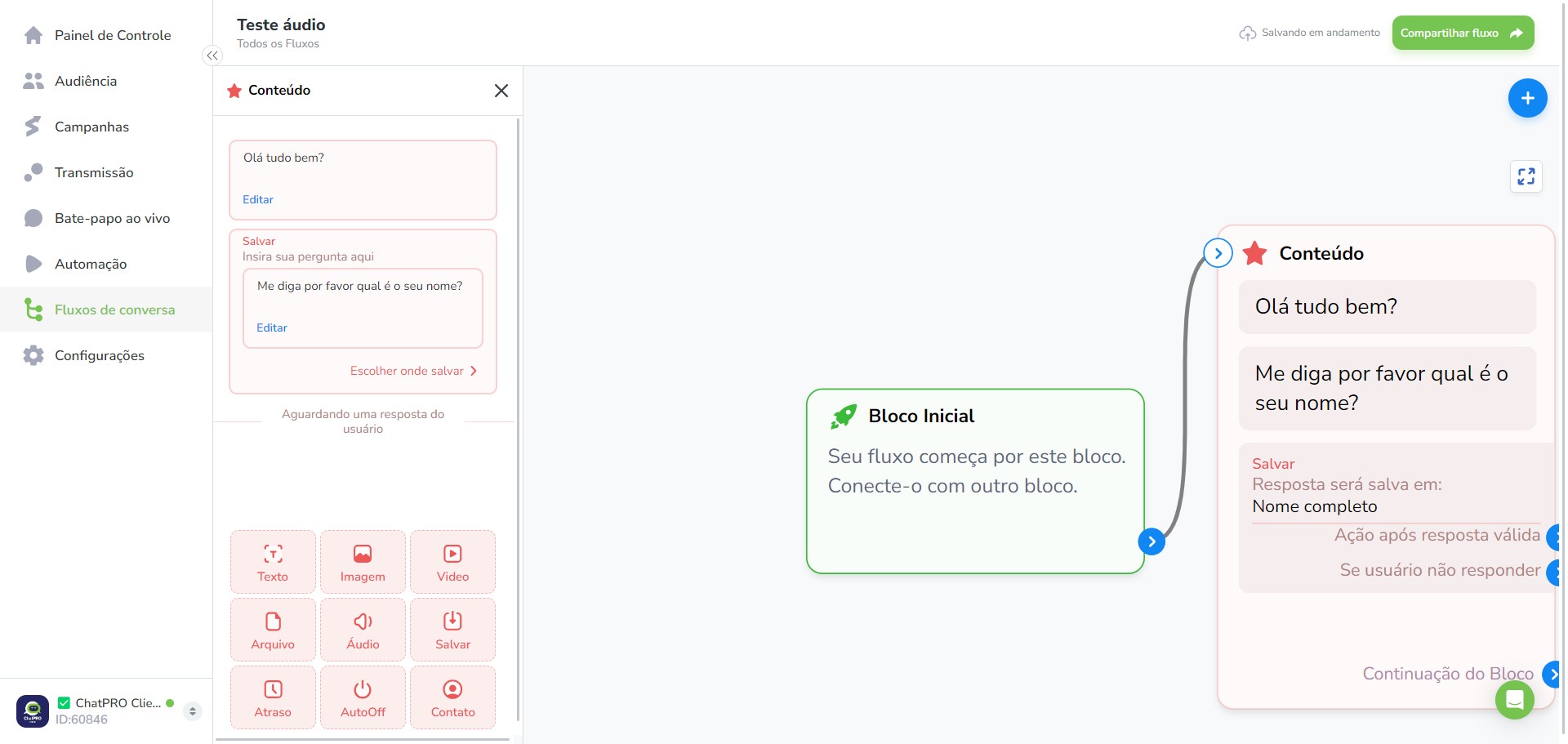 Click on "Seu fluxo começa por este bloco."