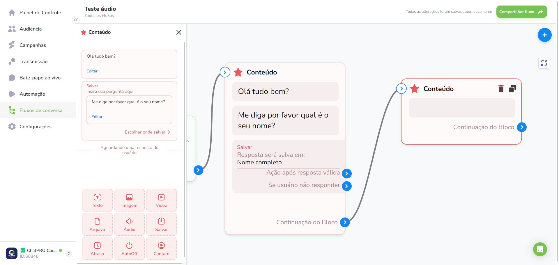 Click on "Continuação do Bloco"