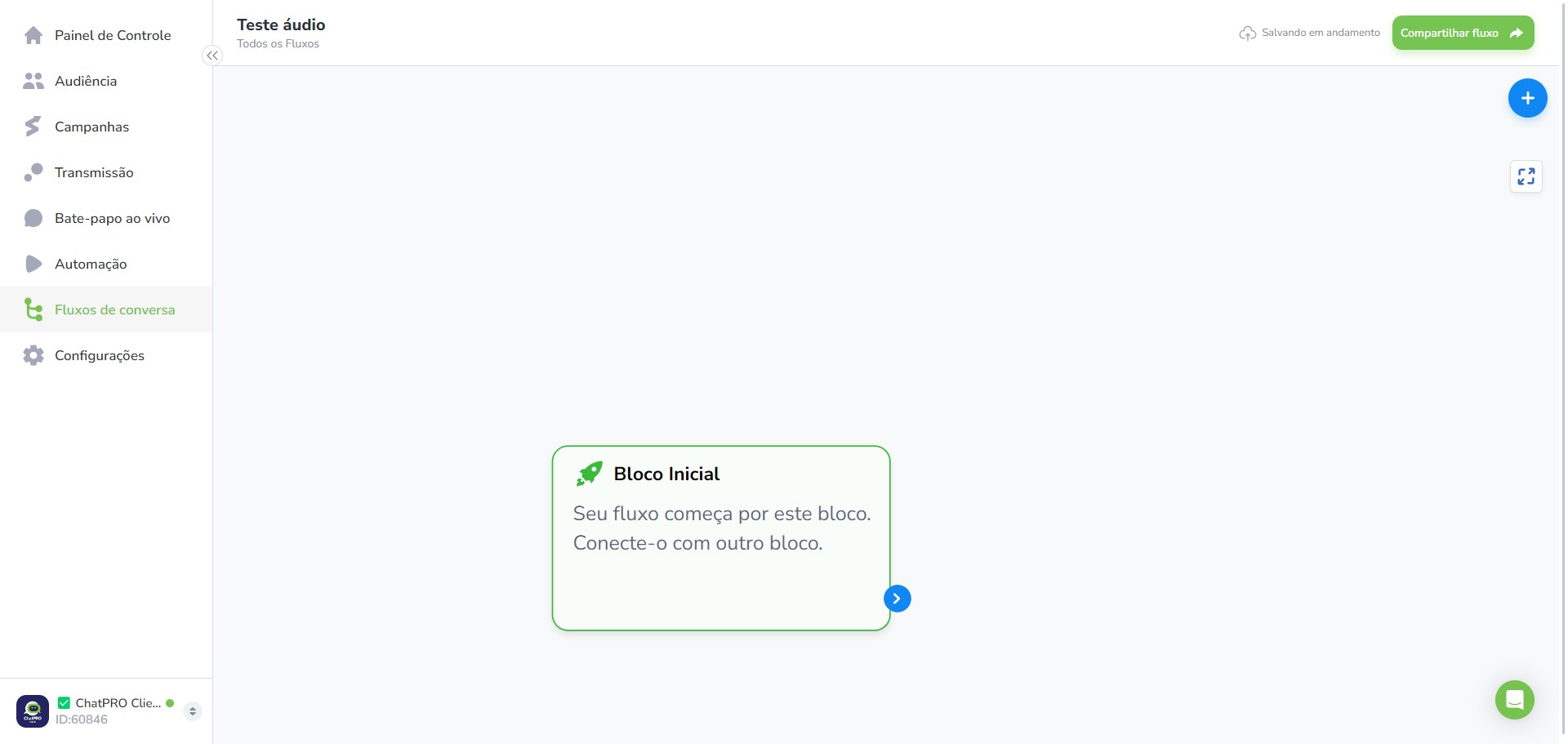 Click on "Seu fluxo começa por este bloco."