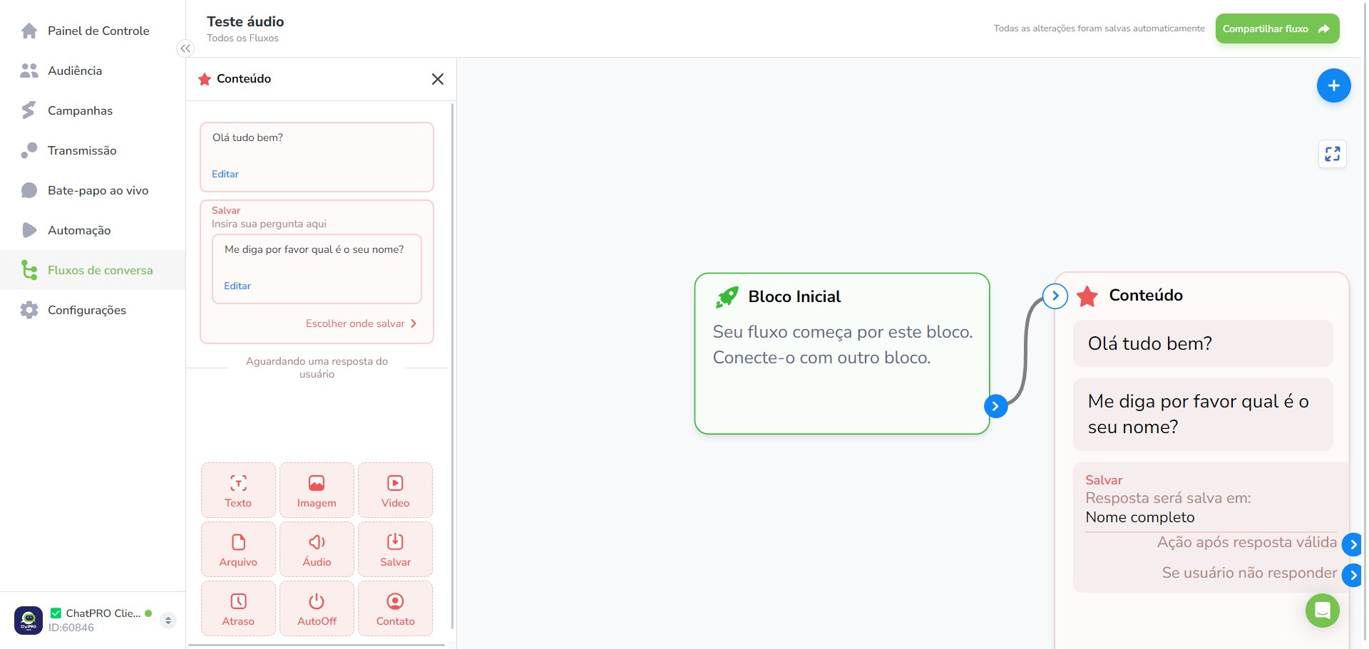 Click on "Seu fluxo começa por este bloco."