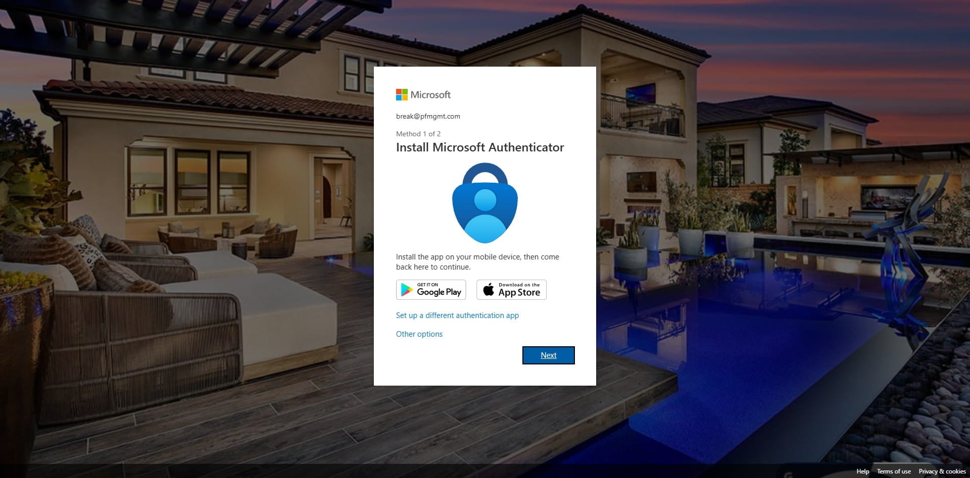 Download the Microsoft Authenticator on your cellphone, then click Next on the computer screen.