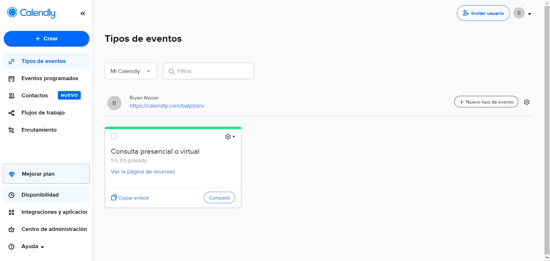 Y de inmediato entrará a su perfil de Calendly. En la sección "Disponibilidad" podrá modificar, incluir y actualizar la información de sus consultas y agenda virtual.