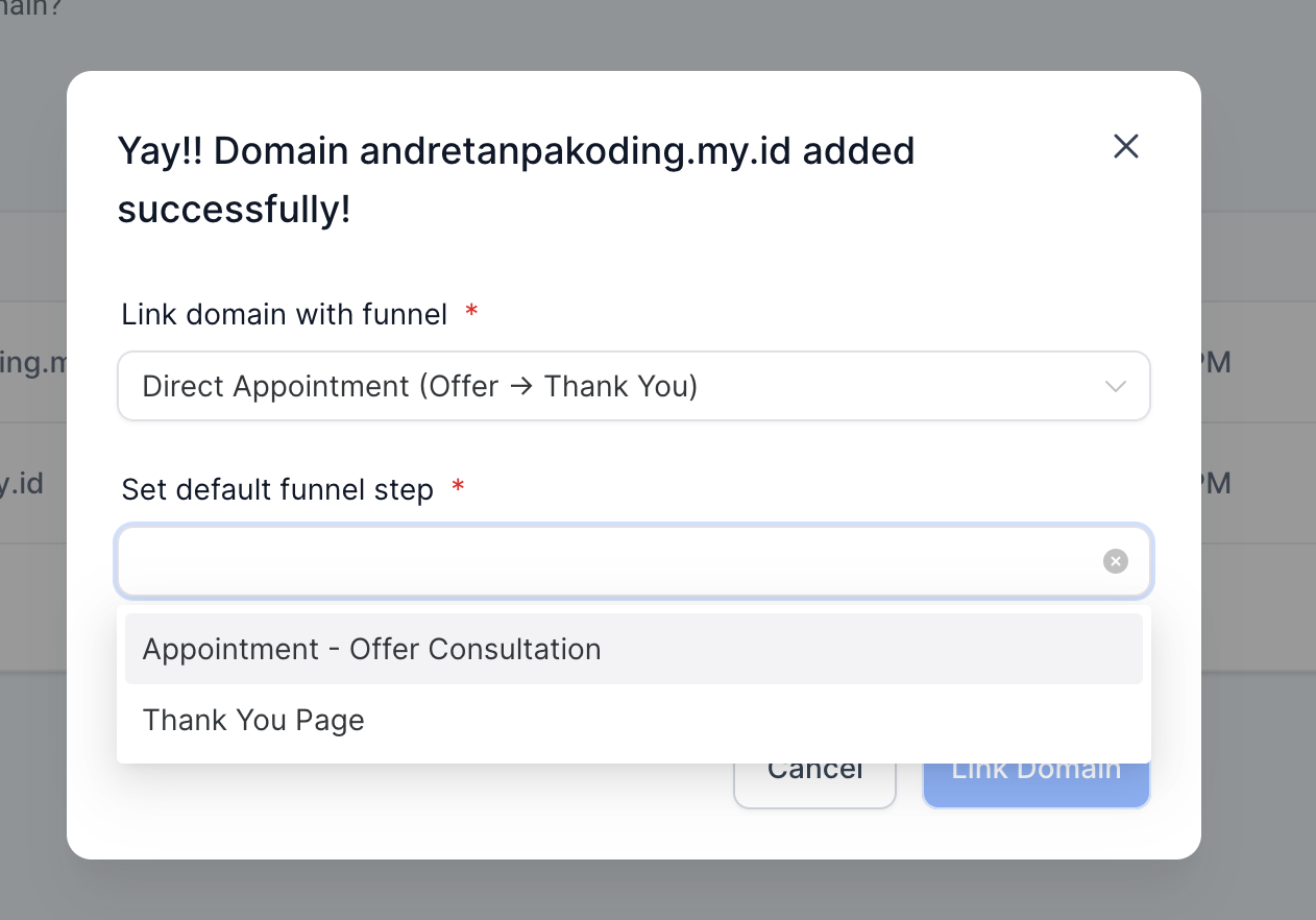 Lalu pilih funnel step yang akan dijadikan halaman utama (domain.com) lalu klik "Link Domain"