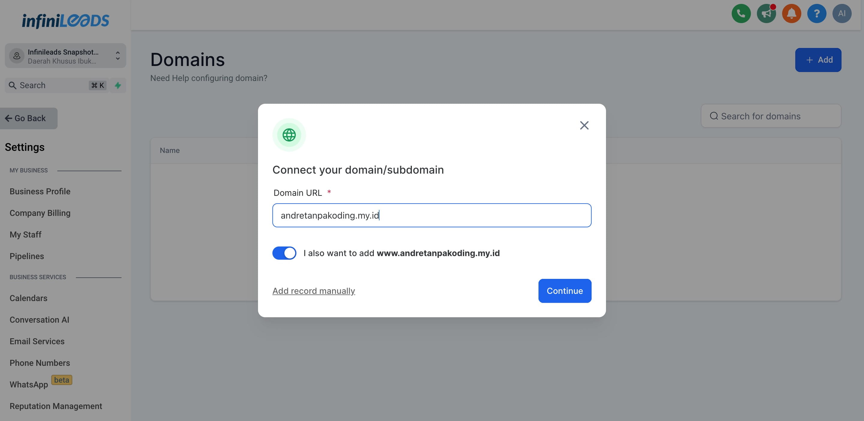 Pastikan anda membeli domain pada penyedia domain provider di Indonesia. Isi domain anda dengan lengkap, lalu klik "Continue"