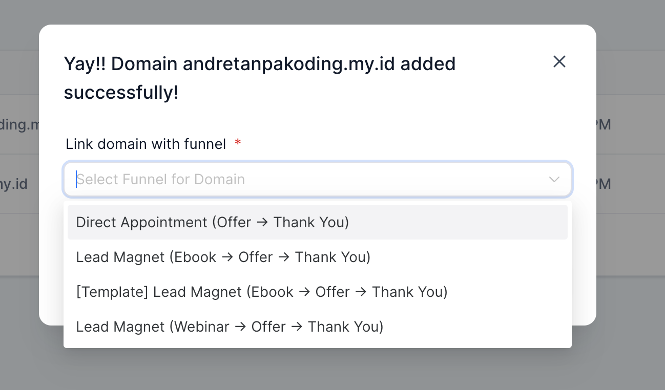 Jika sudah berhasil, lalu pilih funnel yang akan pasang pada domain