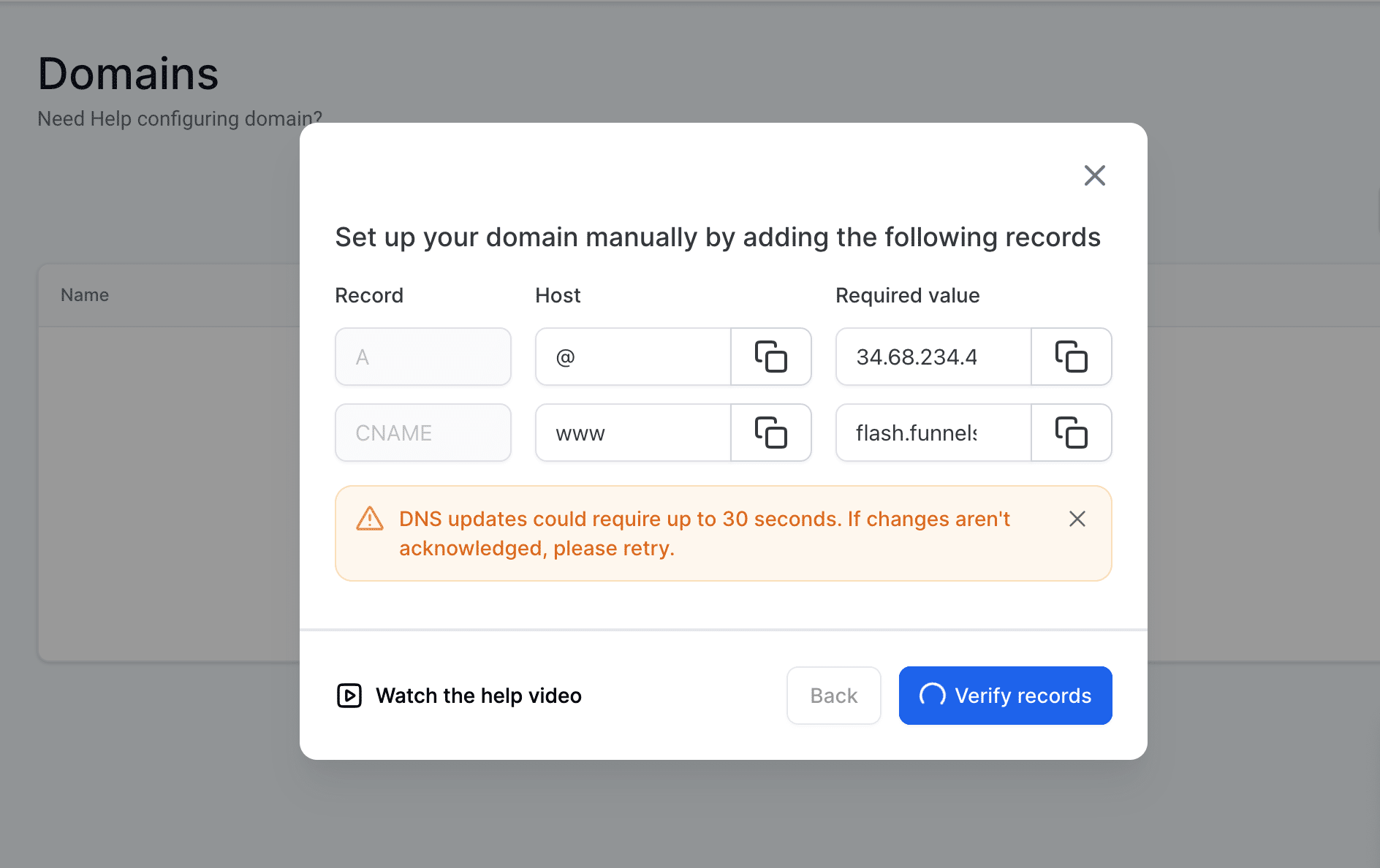 Lalu klik "Verify Records", tunggu kurang lebih 30 detik, jika masih ada ERROR, maka anda harus tunggu sekitar 2-5 menit, lalu lakukan "Verify Records" kembali