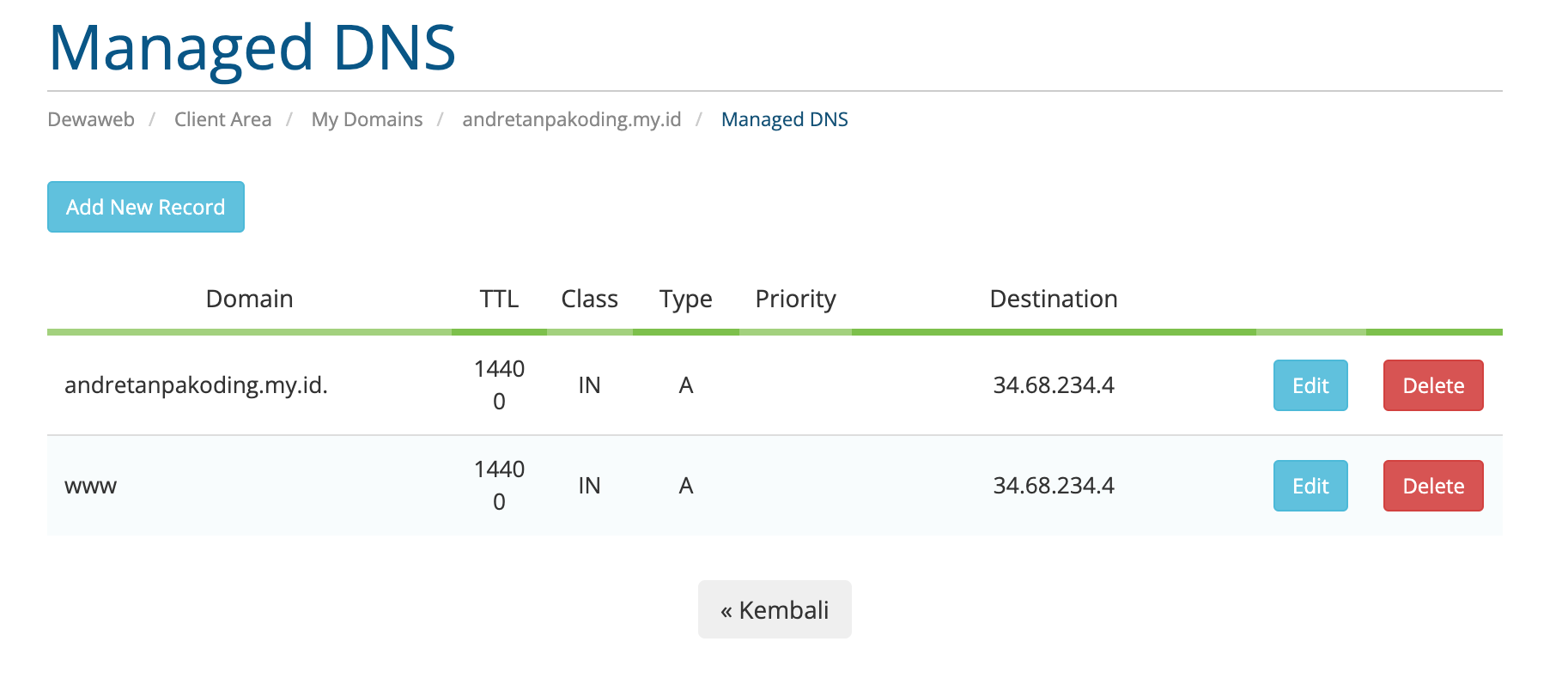 Jika sudah ditambahkan, pastikan anda mempunyai 2 entry A Record, yaitu : domain.com & www.domain.com seperti gambar dibawah.