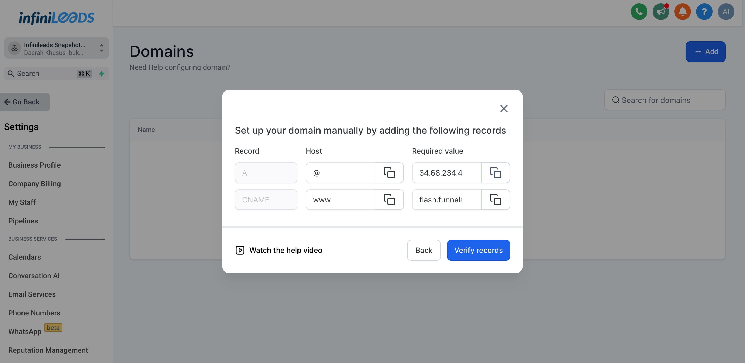 Selanjutnya copy A Record yang sudah disediakan oleh InfiniLeads yaitu "34.68.234.4"