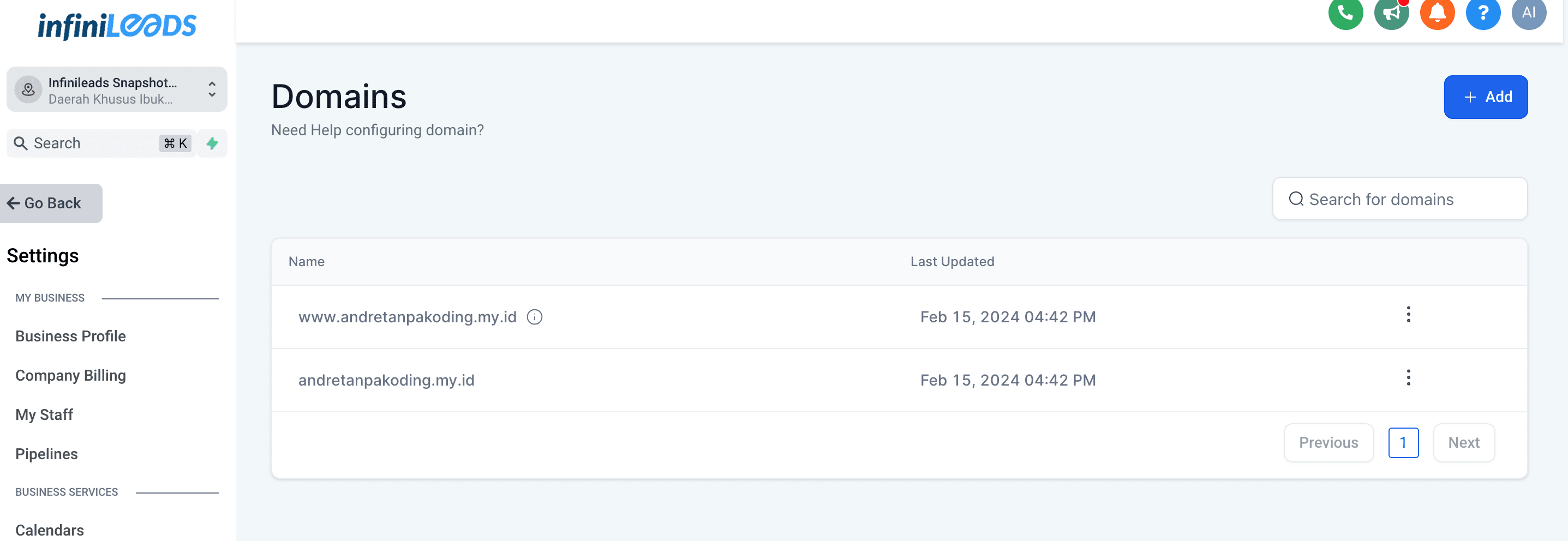 Selamat! Anda telah berhasil menambahkan domain anda di InfiniLeads!
