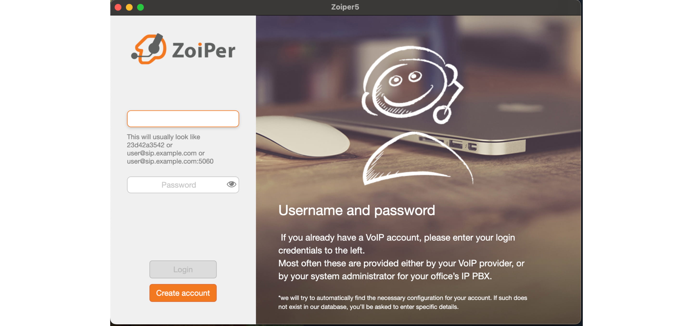 Здесь нужно ввести логин и пароль от SIP аккаунта, который Вам предоставлен отдельно и нажать кнопку *Login*, которая станет доступна после того как логин и пароль будут заполнены