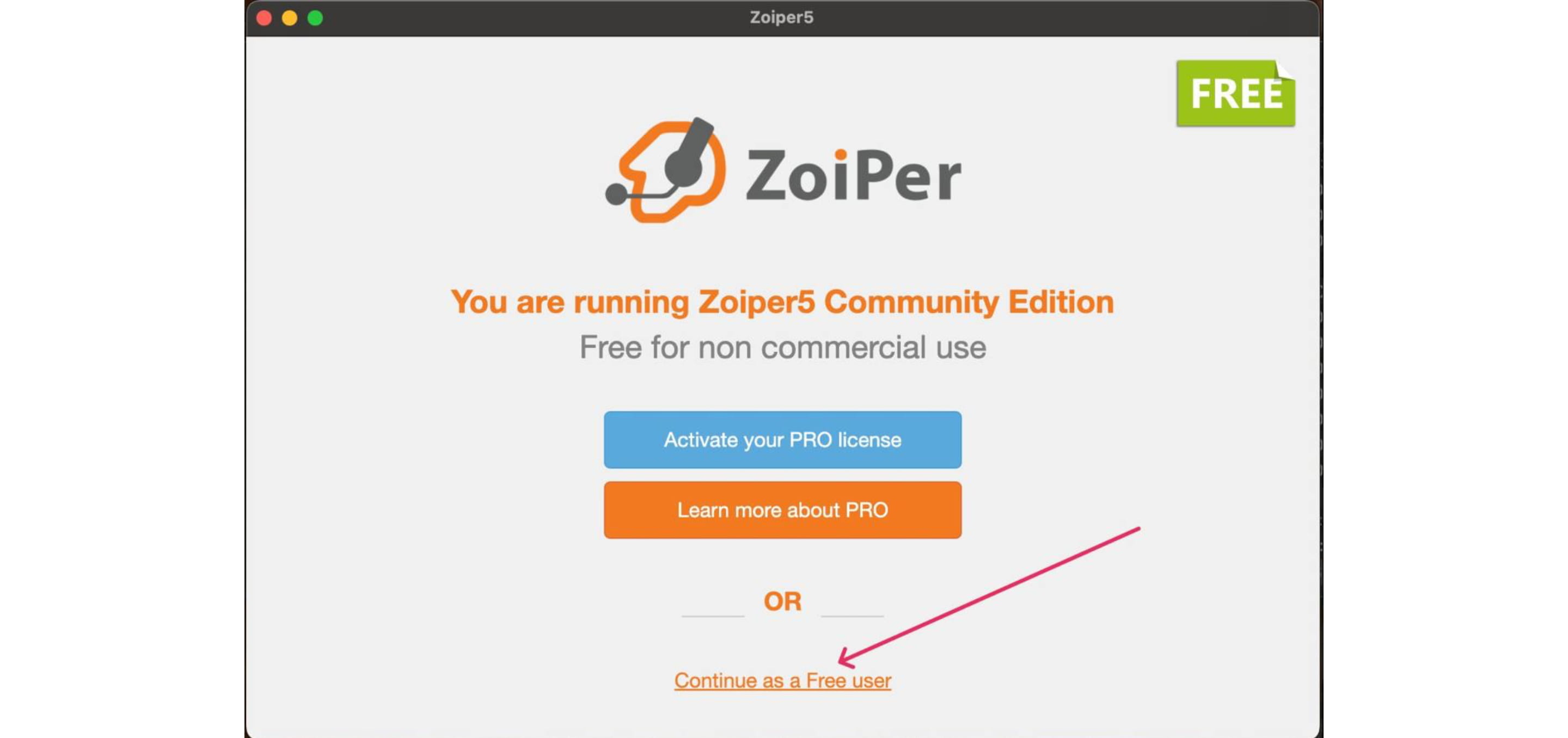 При повторном открытии приложения программа будет предлагать активировать PRO лицензию. Нам это не нужно, поэтому выбираем *“Continue as a Free user“*