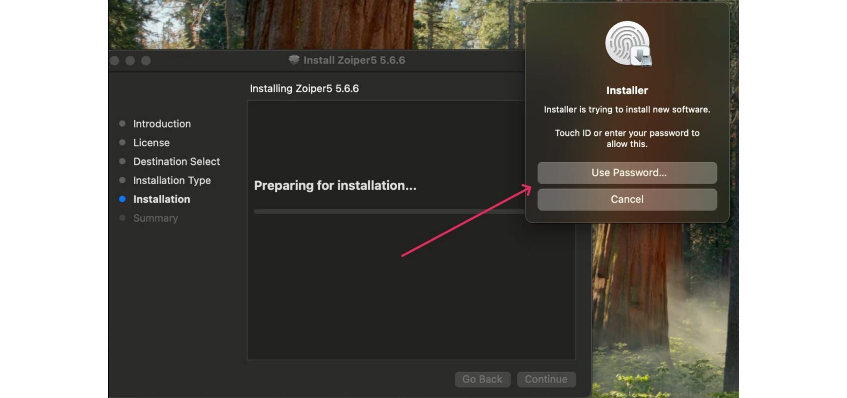 На компьютерах Mac для установки программ, скачанных из интернета, требуется ввести пароль вашей учетной записи или использовать TouchID для разрешения установки