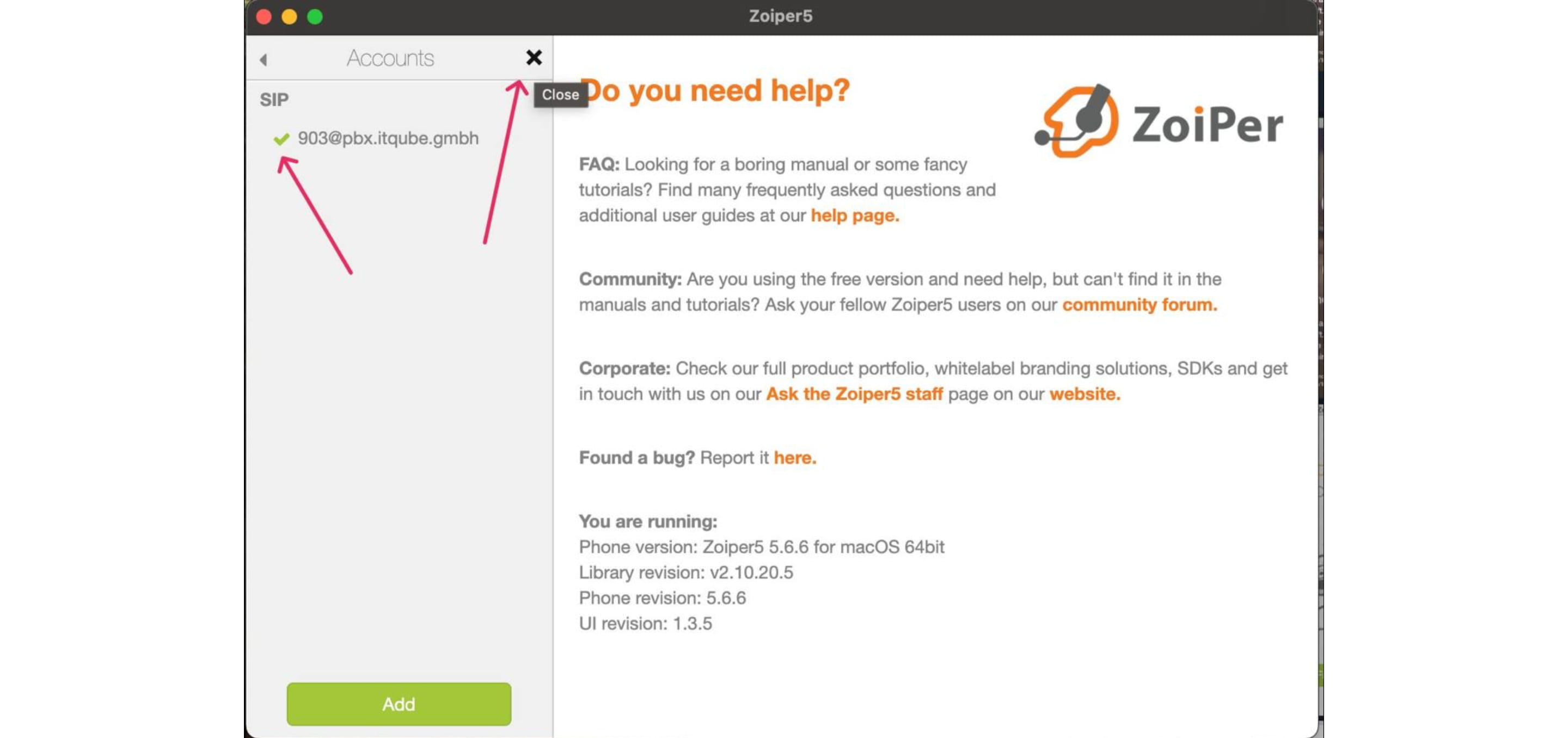 На этом шаге откроется окно, в котором мы увидим, что создали аккаунт. И если рядом с данными будет зелёная галочка, значит наш аккаунт подключился и мы можем звонить. 
Кнопку *Add* нажимать не нужно.
Окно с данными аккаунта можно закрыть, нажав на *Х* рядом с надписью *Accounts*