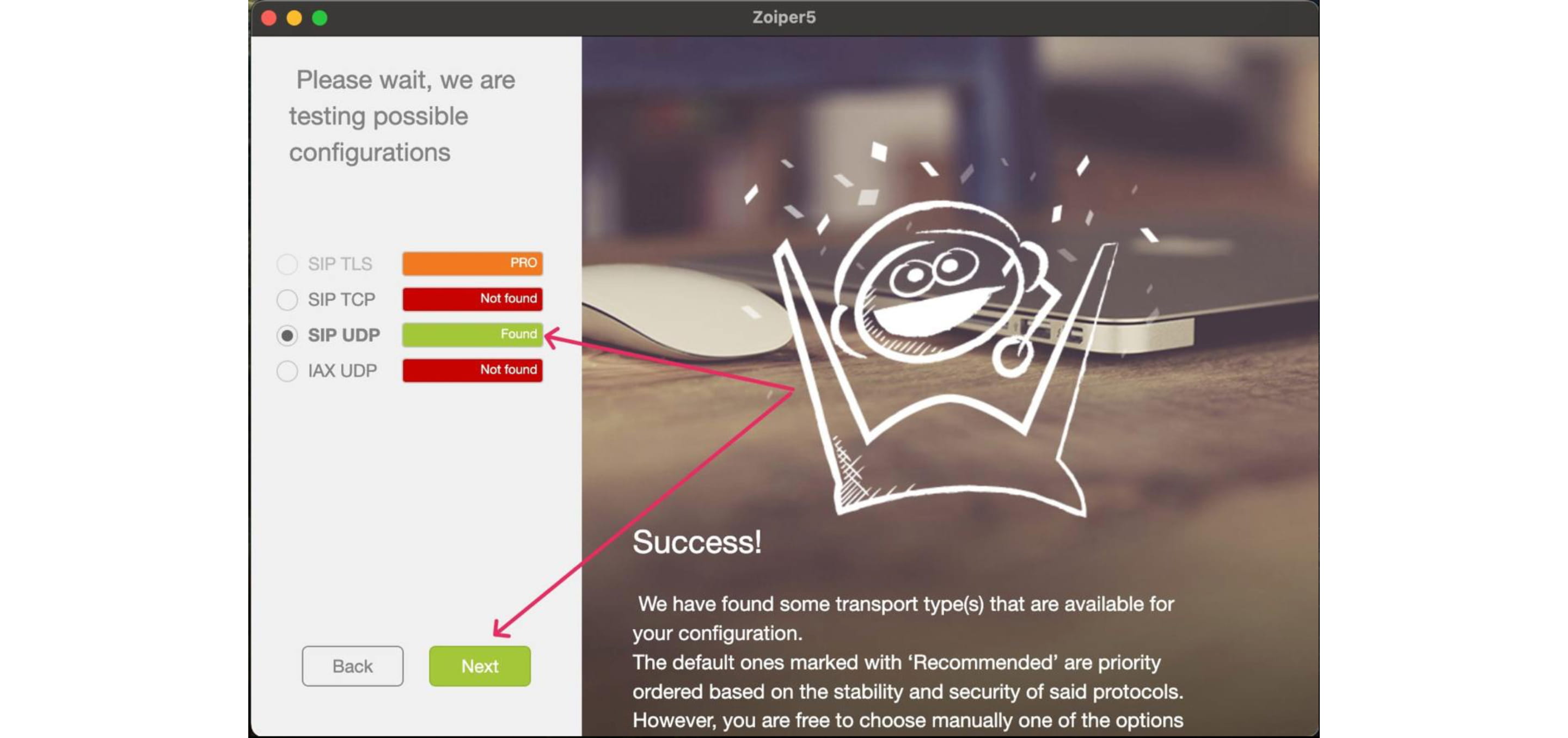 На этом шаге программа пробует подключиться к серверу, который мы указали, с нашими учетными данными.
После того как одно из полей стало зелёным и появилась надпись *Found*, можно нажимать кнопку *Next*