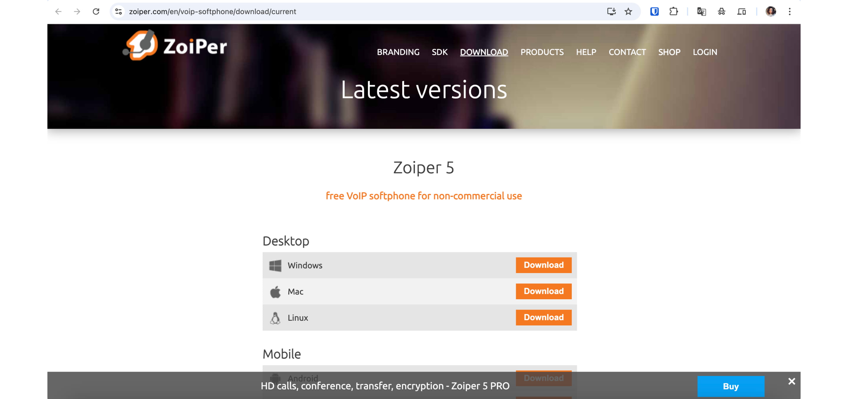 Перейдите на официальный сайт Zoiper и скачайте нужную версию (Windows, Mac, Linux): https://www.zoiper.com/en/voip-softphone/download/current
Для того чтобы скачивание началось нажмите *Download*
